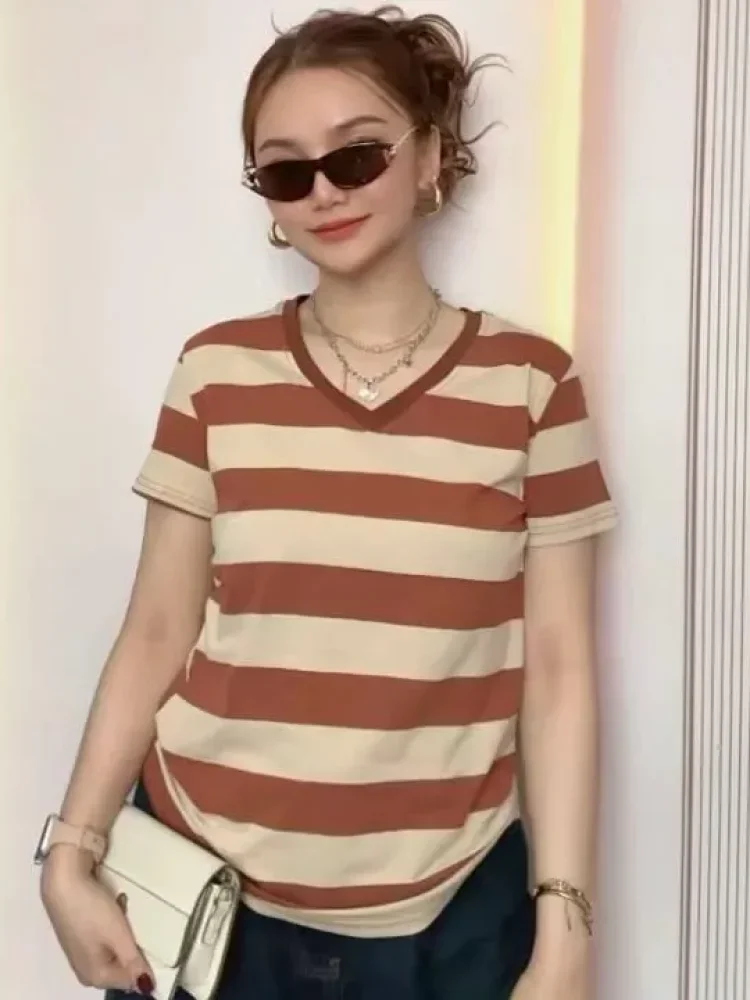ASAYA Atasan kaos katun lengan pendek garis garis gaya trendy musim panas untuk wanita