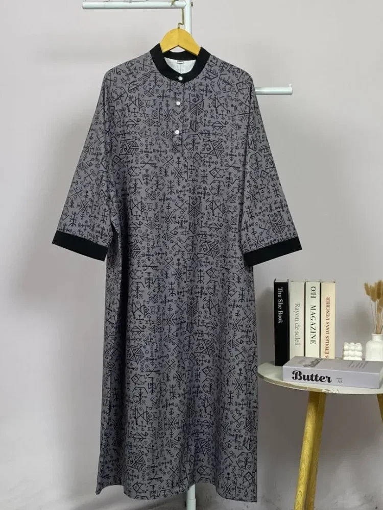 ASAYA Gamis wanita elegan motif garis kotak biru abu modern kekinian