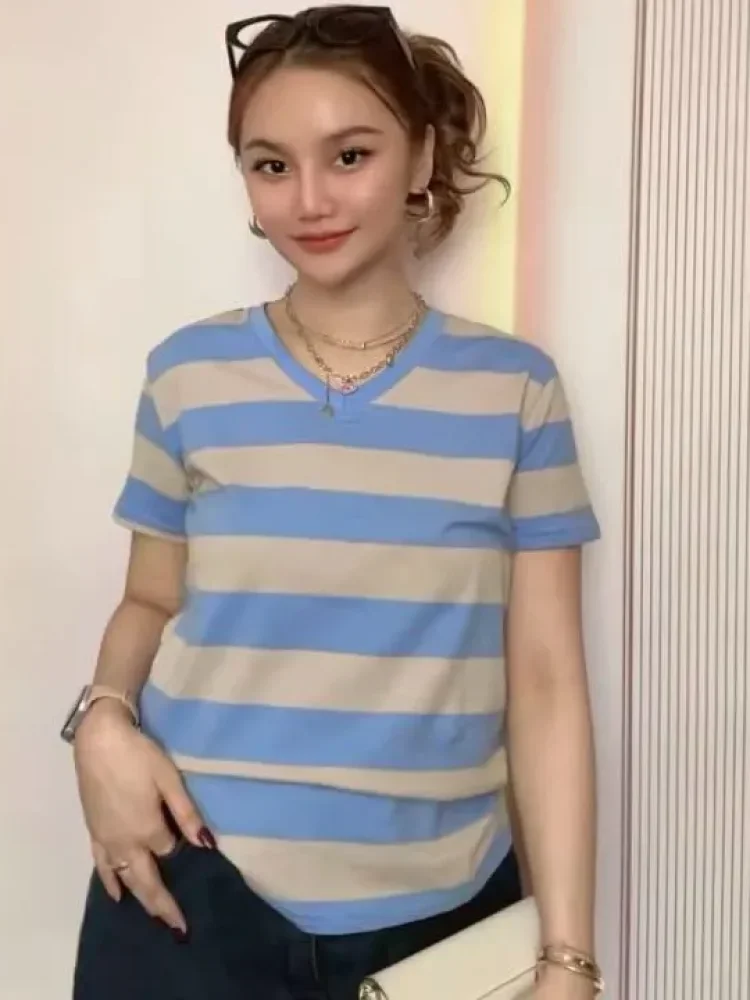 ASAYA Atasan kaos katun lengan pendek garis garis gaya trendy musim panas untuk wanita