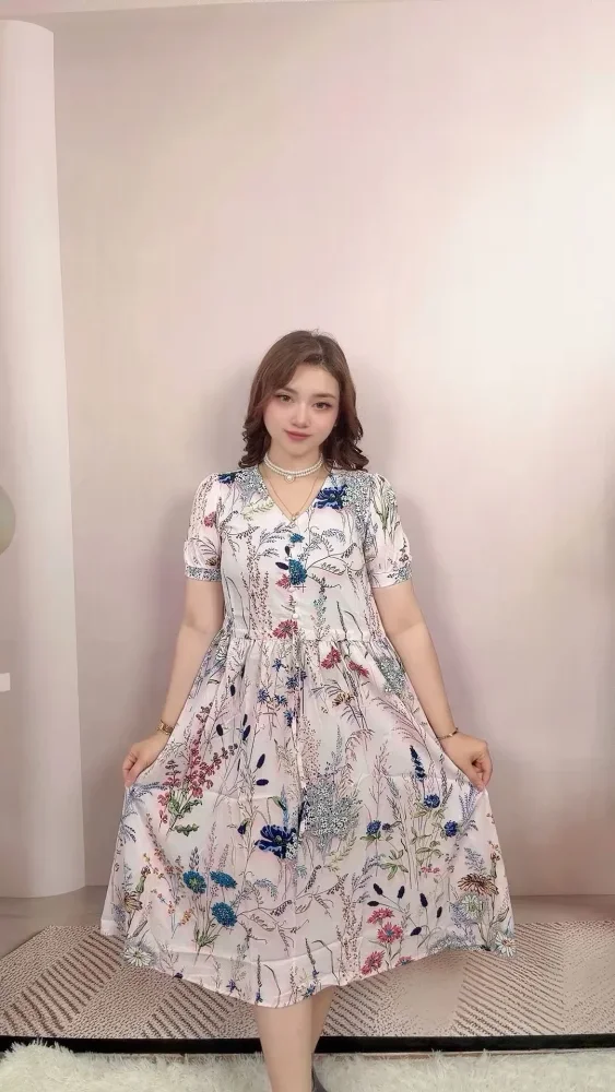 ASAYA Gaun midi lengan pendek kerah v nenck model pinggang elastis motif bunga