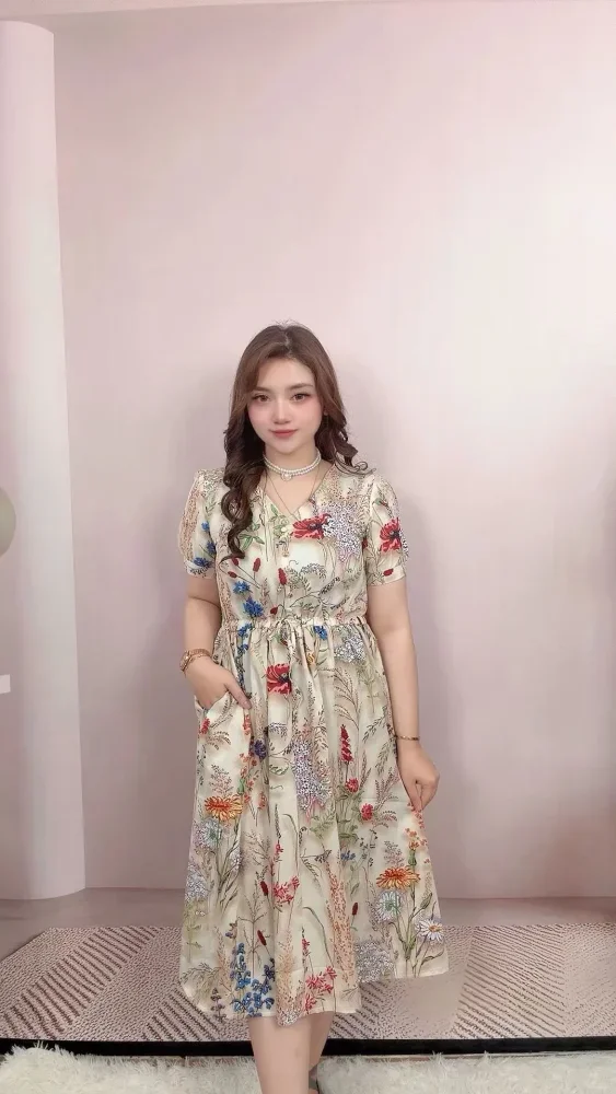 ASAYA Gaun midi lengan pendek kerah v nenck model pinggang elastis motif bunga