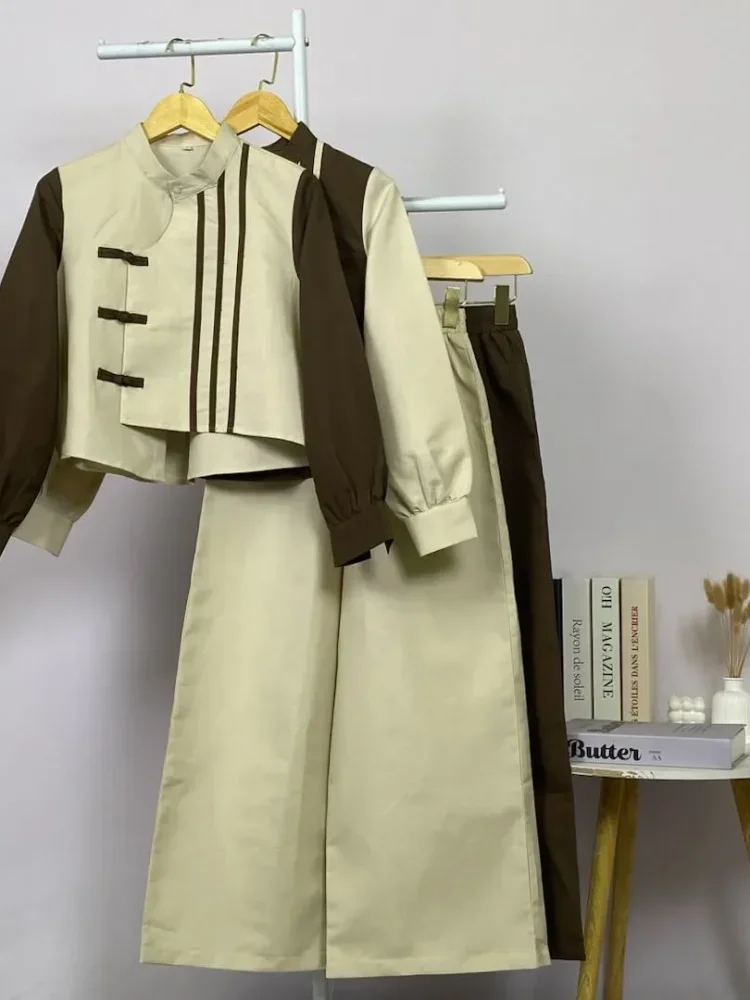 ASAYA Kemeja lengan panjang dengan desain tali kontras, kancing di pergelangan tangan, dipadukan dengan celana longgar polos