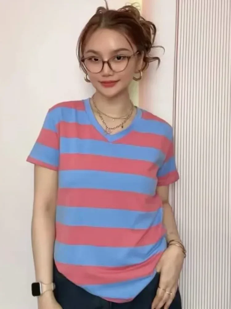 ASAYA Atasan kaos katun lengan pendek garis garis gaya trendy musim panas untuk wanita