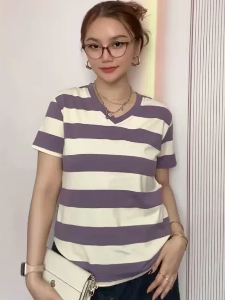 ASAYA Atasan kaos katun lengan pendek garis garis gaya trendy musim panas untuk wanita