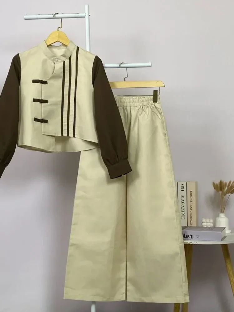 ASAYA Kemeja lengan panjang dengan desain tali kontras, kancing di pergelangan tangan, dipadukan dengan celana longgar polos