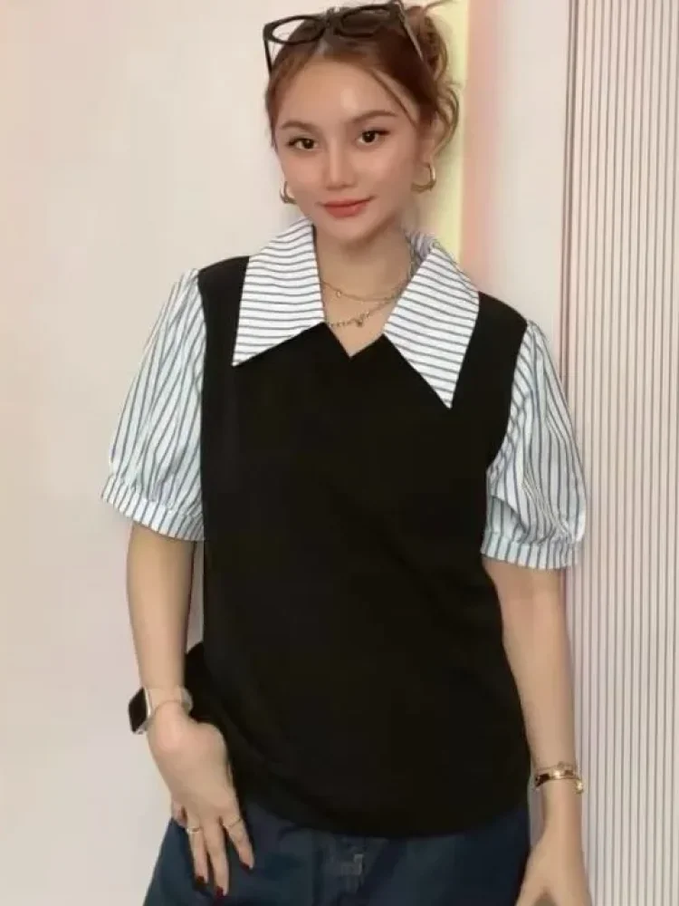 ASAYA Atasan lengan pendek kerah polo neck motif polos dengan garis garis kekinian untuk wanita