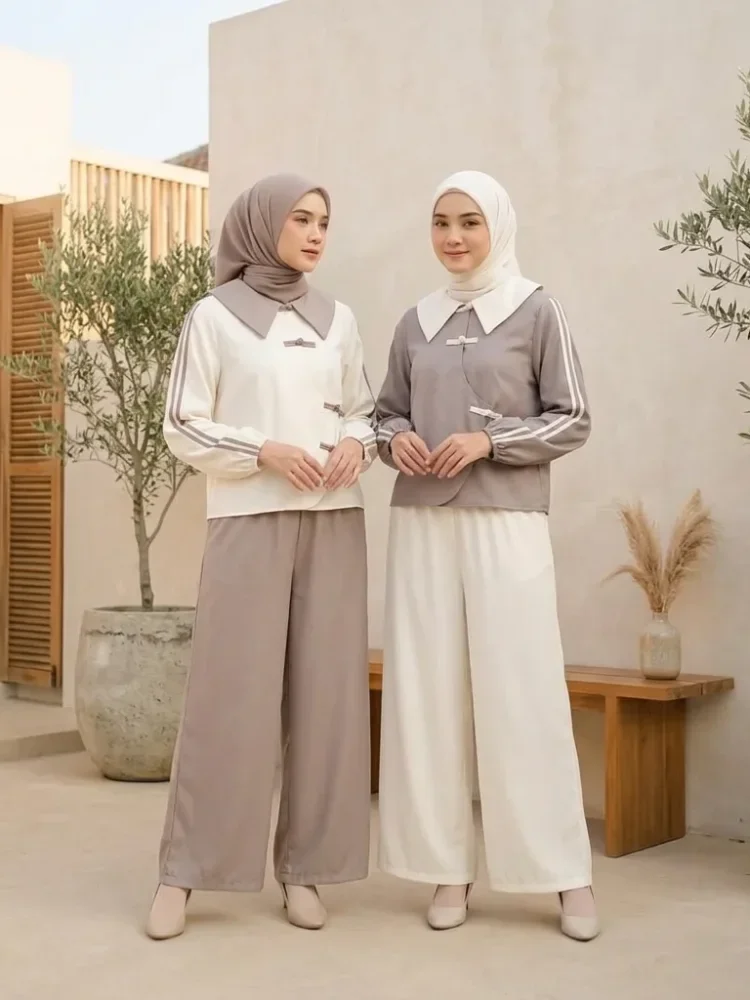 ASAYA Atasan lengan panjang warna polos dengan desain tidak beraturan dan kancing buatan tangan, dipadukan dengan celana panjang polos