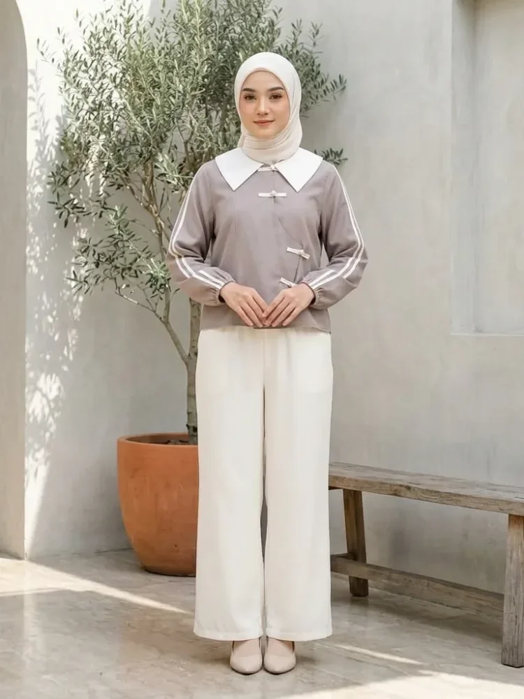 ASAYA Atasan lengan panjang warna polos dengan desain tidak beraturan dan kancing buatan tangan, dipadukan dengan celana panjang polos
