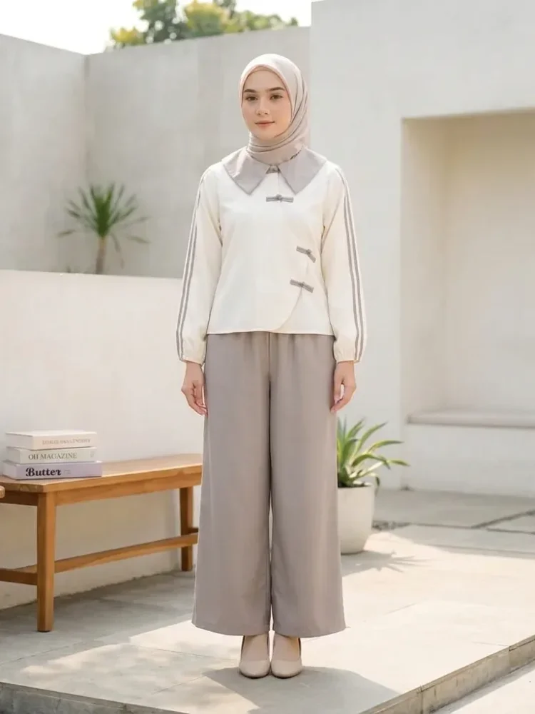 ASAYA Atasan lengan panjang warna polos dengan desain tidak beraturan dan kancing buatan tangan, dipadukan dengan celana panjang polos