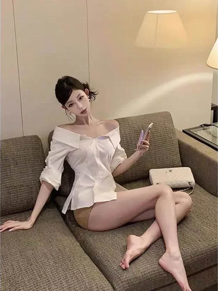 FADFAD Kemeja gaya minimalis dengan kerah off shoulder warna solid wanita feminime
