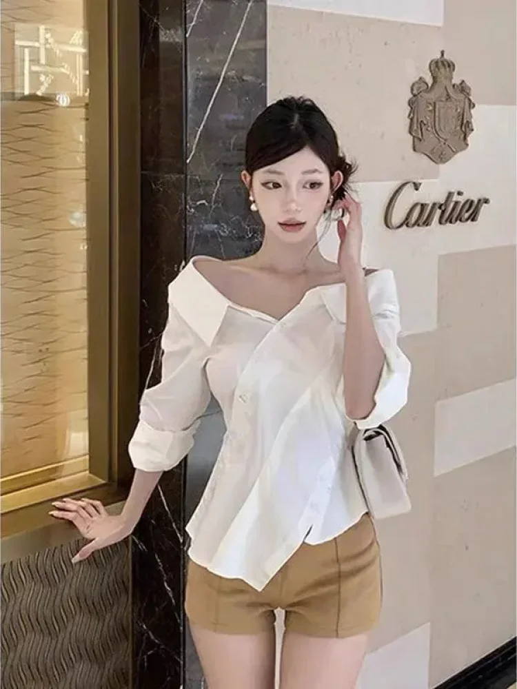 FADFAD Kemeja gaya minimalis dengan kerah off shoulder warna solid wanita feminime