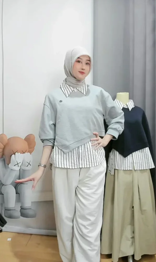CHICMORE Kemeja dua potong palsu motif garis garis dengan lengan panjang dan kerah polo gaya trendi