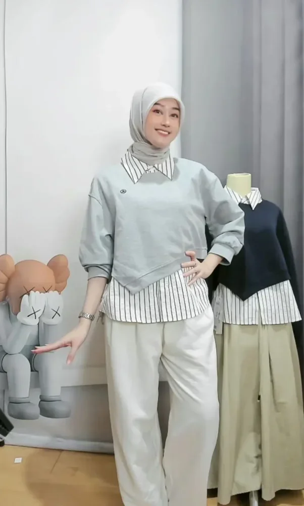 CHICMORE Kemeja dua potong palsu motif garis garis dengan lengan panjang dan kerah polo gaya trendi