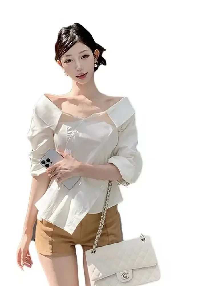 FADFAD Kemeja gaya minimalis dengan kerah off shoulder warna solid wanita feminime