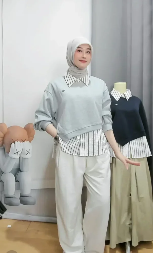 CHICMORE Kemeja dua potong palsu motif garis garis dengan lengan panjang dan kerah polo gaya trendi