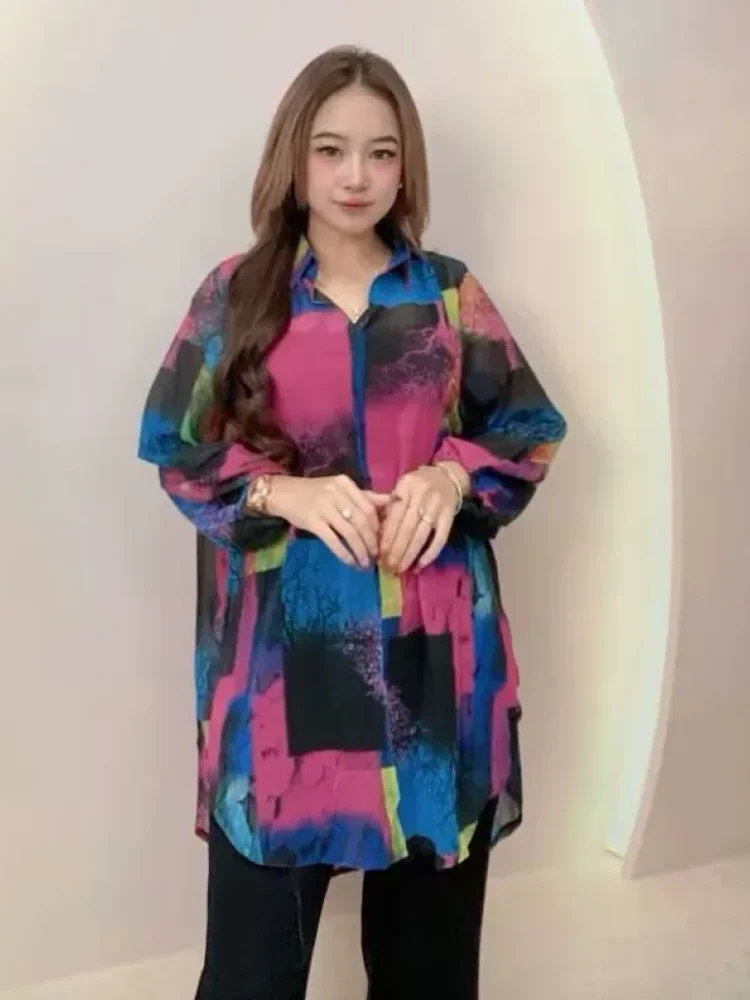 ASAYA Kemeja wanita muda motif cetak unik dengan kancing aktif sebaris gaya trendi