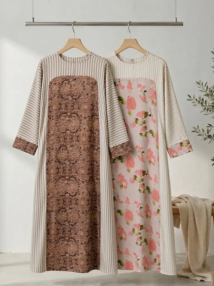 ASAYA Gaun berleher bulat dengan desain patchwork bermotif hijau,