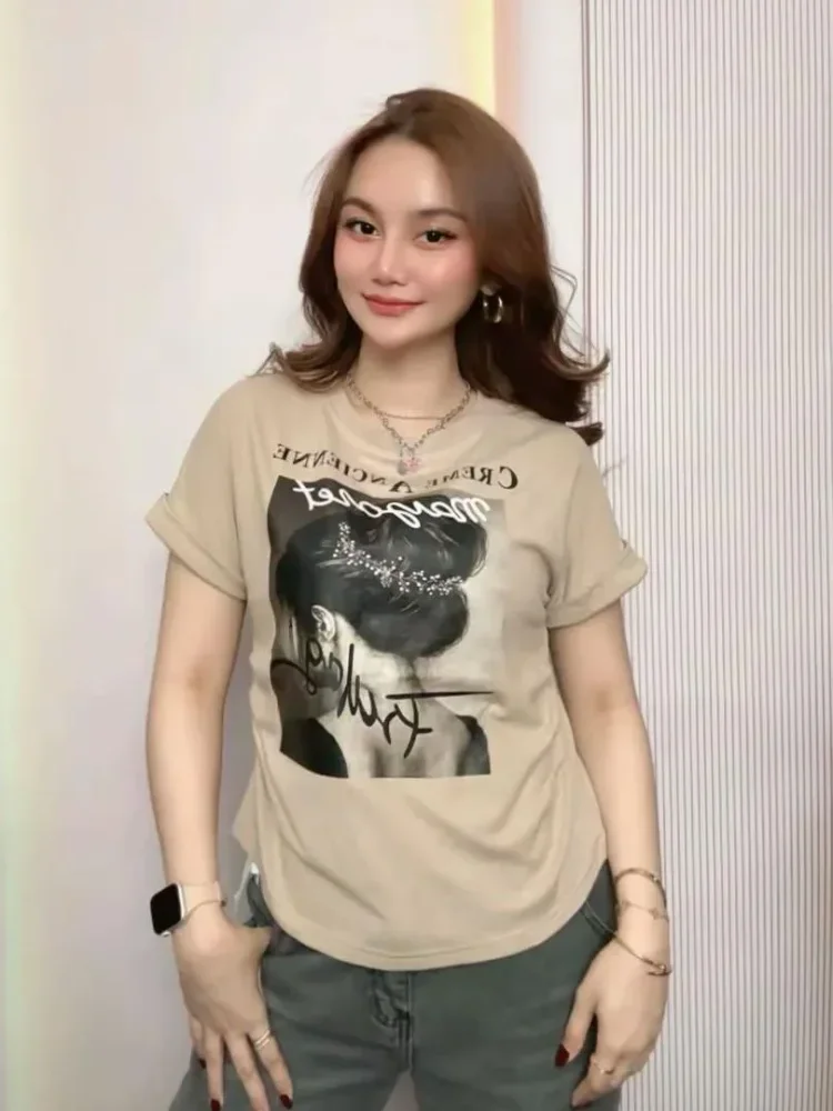 ASAYA Atasan kaos lengan pendek motif tulisan bergaya dan kerah bulat modis