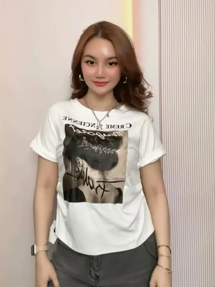 ASAYA Atasan kaos lengan pendek motif tulisan bergaya dan kerah bulat modis