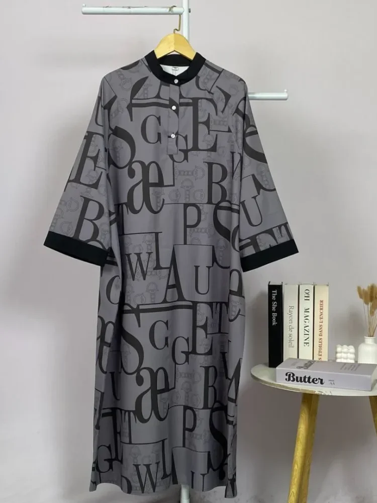 ASAYA Gamis wanita elegan motif garis kotak biru abu modern kekinian