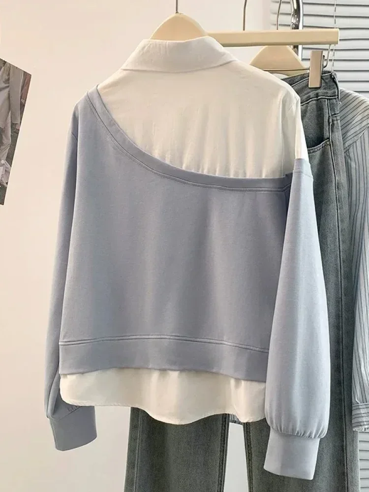 CHICMORE Tipis atasan sweatshirt wanita dengan gaya layering semu yang dilengkapi kerah kemeja model polo