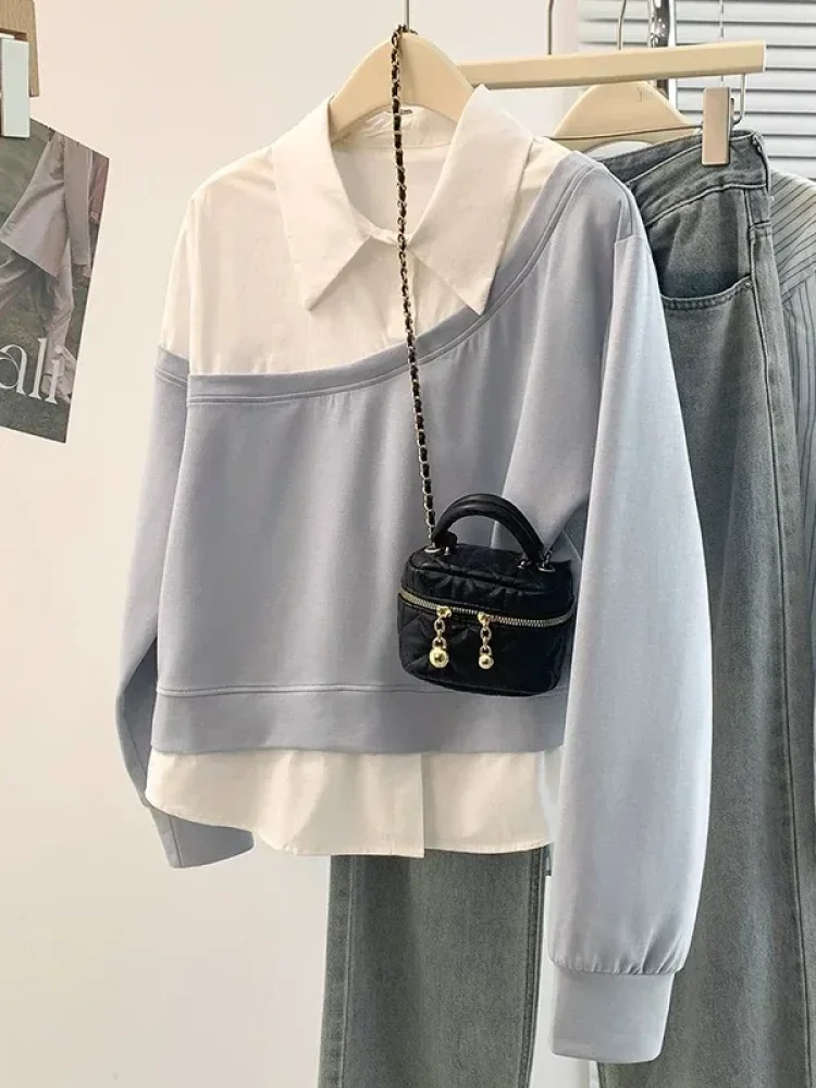 CHICMORE Tipis atasan sweatshirt wanita dengan gaya layering semu yang dilengkapi kerah kemeja model polo