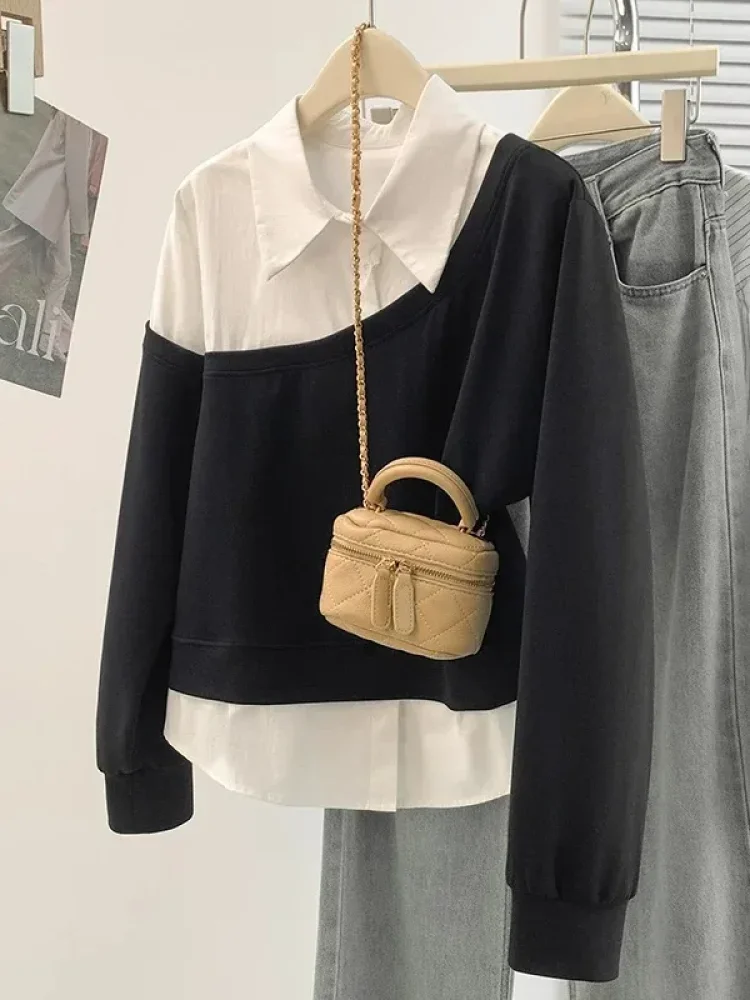 CHICMORE Tipis atasan sweatshirt wanita dengan gaya layering semu yang dilengkapi kerah kemeja model polo