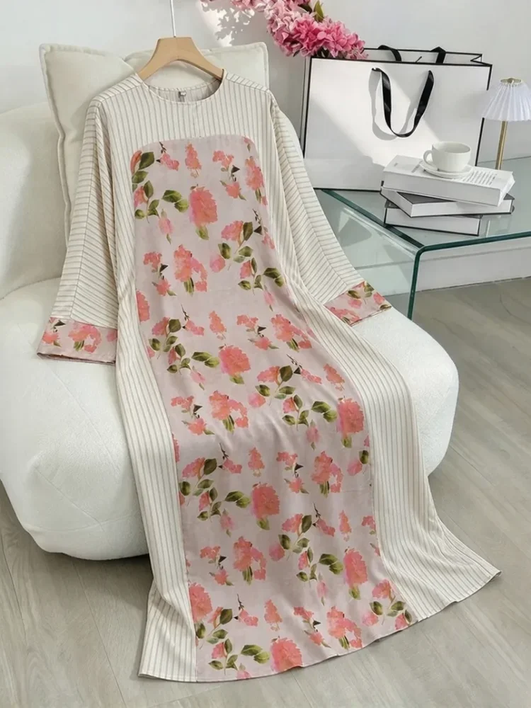 ASAYA Gaun berleher bulat dengan desain patchwork bermotif hijau,