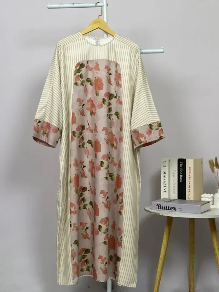 ASAYA Gaun berleher bulat dengan desain patchwork bermotif hijau,