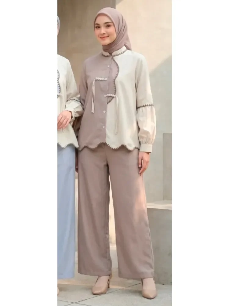 [NEW]ASAYA Setelan wanita muslim 2 pcs - kemeja kontras + celana kulot nyaman