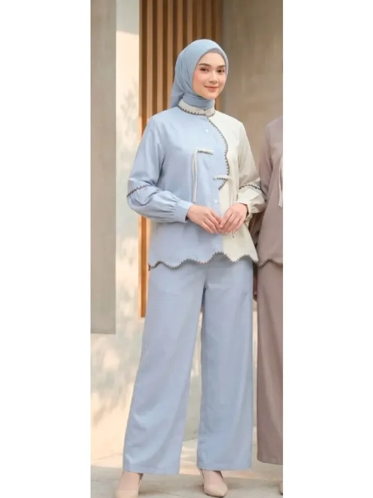 [NEW]ASAYA Setelan wanita muslim 2 pcs - kemeja kontras + celana kulot nyaman