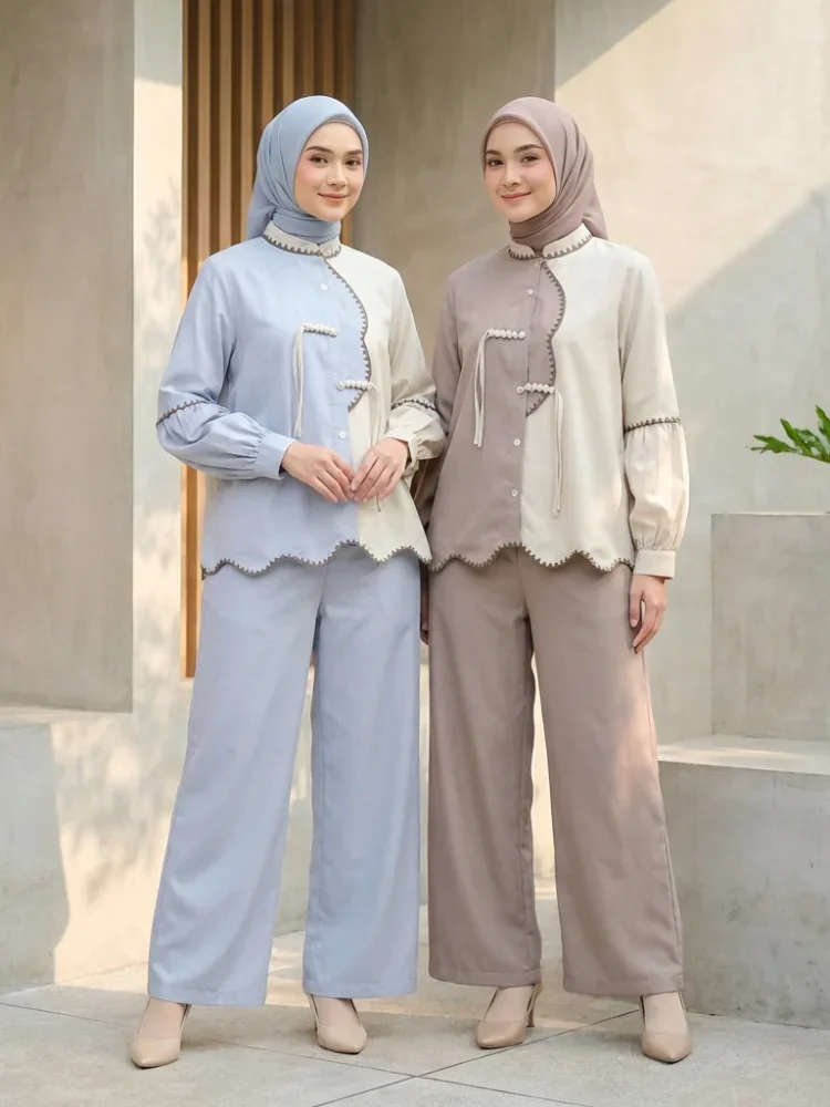 [NEW]ASAYA Setelan wanita muslim 2 pcs - kemeja kontras + celana kulot nyaman
