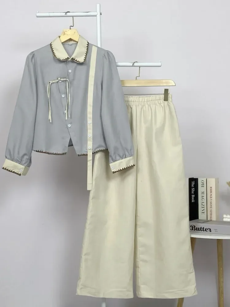 ASAYA Setelan wanita muslim 2 pcs - kemeja kontras + celana kulot nyaman