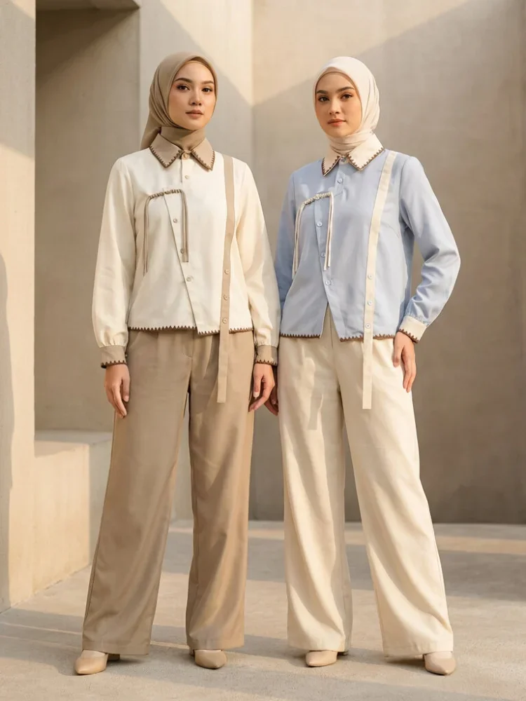ASAYA Setelan wanita muslim 2 pcs - kemeja kontras + celana kulot nyaman