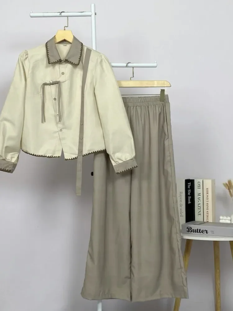 ASAYA Setelan wanita muslim 2 pcs - kemeja kontras + celana kulot nyaman