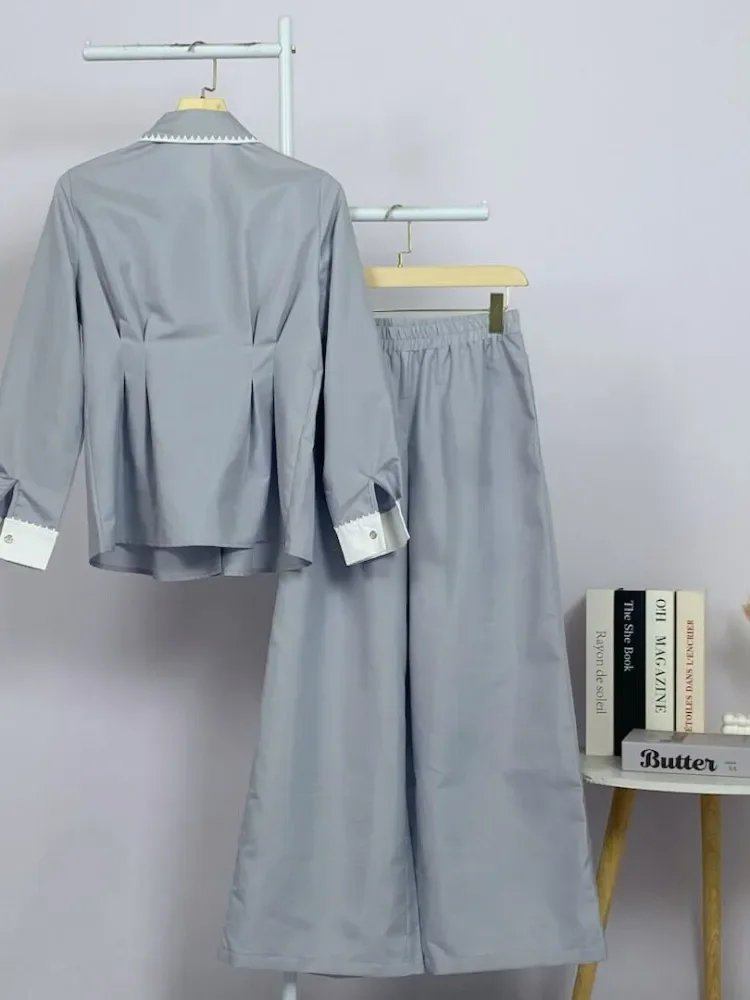 ASAYA Setelan wanita muslim 2 pcs - kemeja kontras + celana kulot nyaman