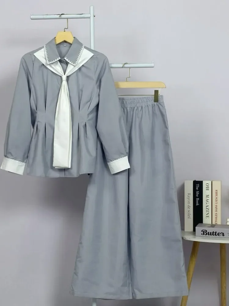 ASAYA Setelan wanita muslim 2 pcs - kemeja kontras + celana kulot nyaman