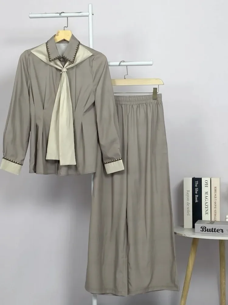 ASAYA Setelan wanita muslim 2 pcs - kemeja kontras + celana kulot nyaman