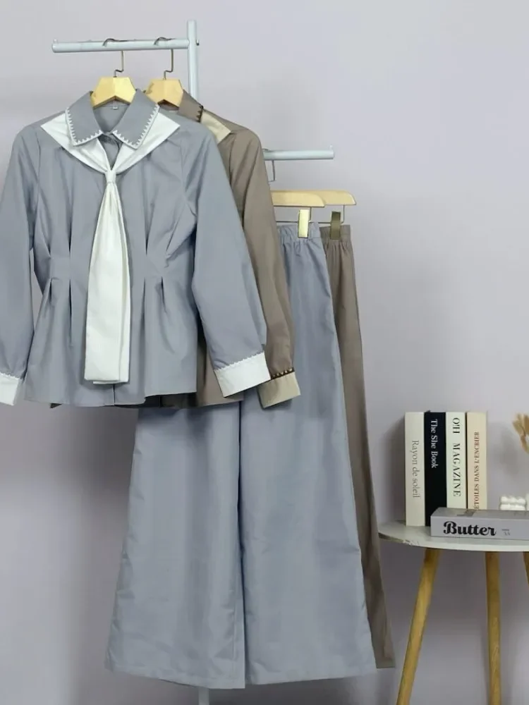 ASAYA Setelan wanita muslim 2 pcs - kemeja kontras + celana kulot nyaman
