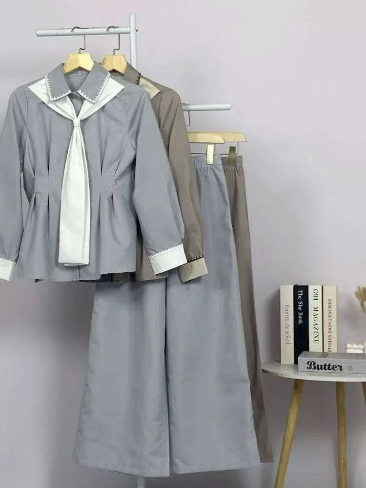 ASAYA Setelan wanita muslim 2 pcs - kemeja kontras + celana kulot nyaman