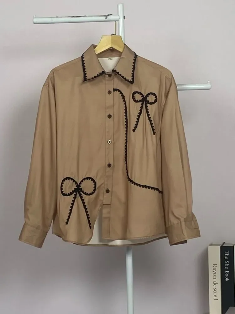 ASAYA Kemeja lengan panjang wanita longgar dengan pola pita dan aksen houndstooth, atasan polos