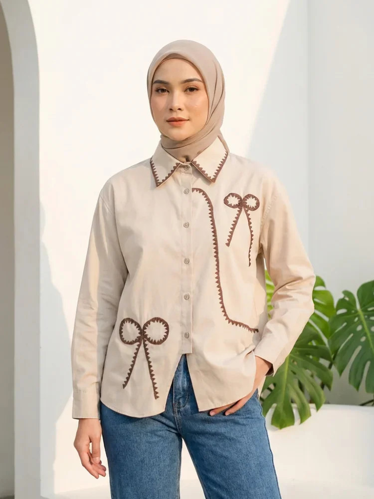 ASAYA Kemeja lengan panjang wanita longgar dengan pola pita dan aksen houndstooth, atasan polos