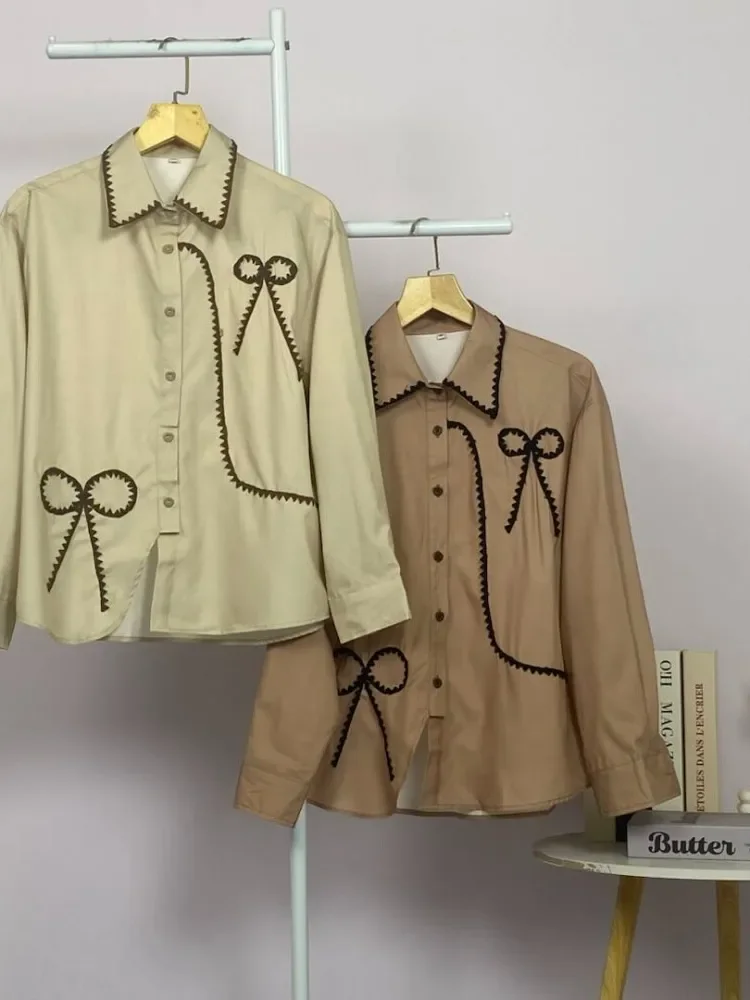 ASAYA Kemeja lengan panjang wanita longgar dengan pola pita dan aksen houndstooth, atasan polos