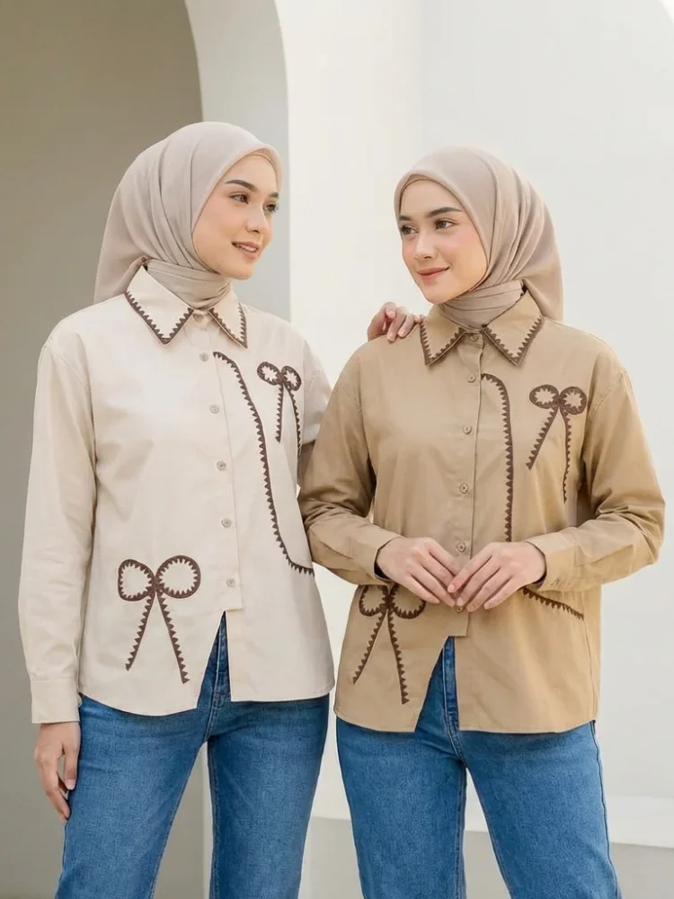 ASAYA Kemeja lengan panjang wanita longgar dengan pola pita dan aksen houndstooth, atasan polos