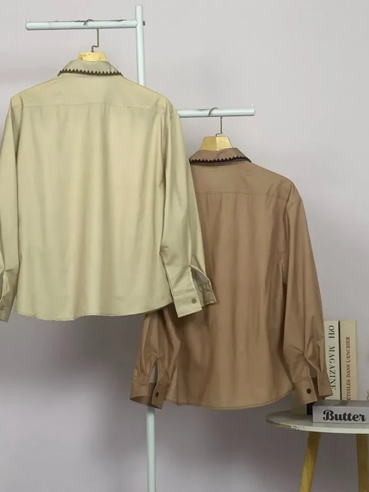 ASAYA Kemeja lengan panjang wanita longgar dengan pola pita dan aksen houndstooth, atasan polos