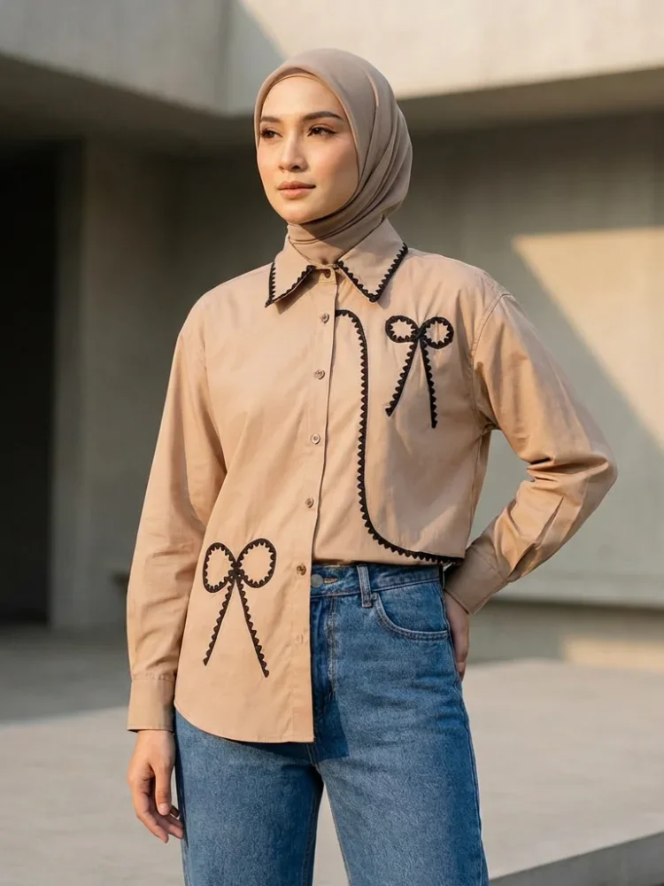 ASAYA Kemeja lengan panjang wanita longgar dengan pola pita dan aksen houndstooth, atasan polos