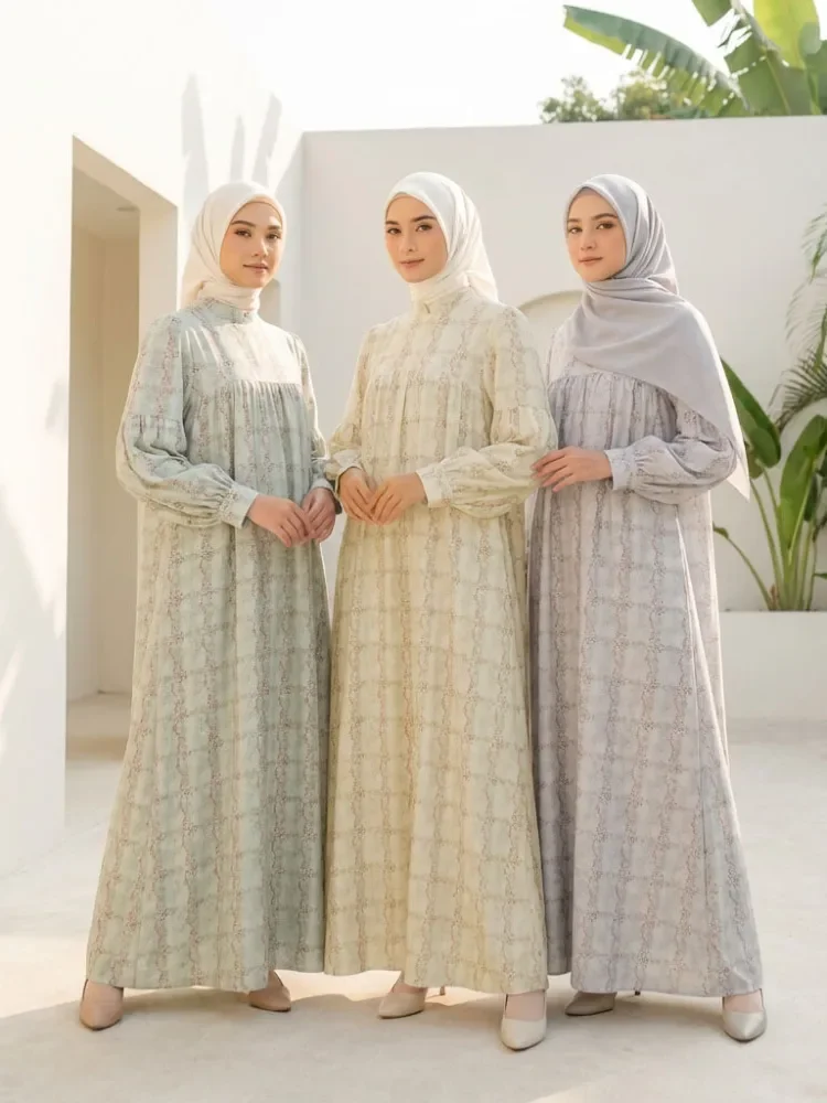 ASAYA Gaun wanita lengan panjang berlipat, corak garis geometris, cocok untuk acara resmi & santai sehari-hari
