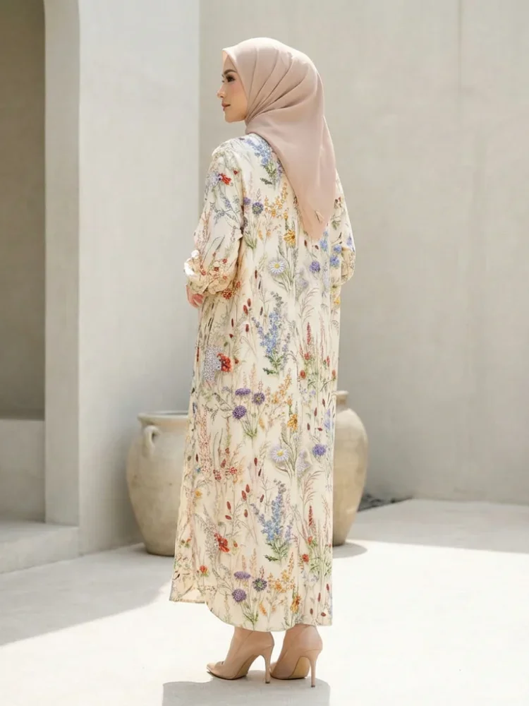 ASAYA Gaun panjang longgar kasual tipis bermotif dengan desain mode elegan