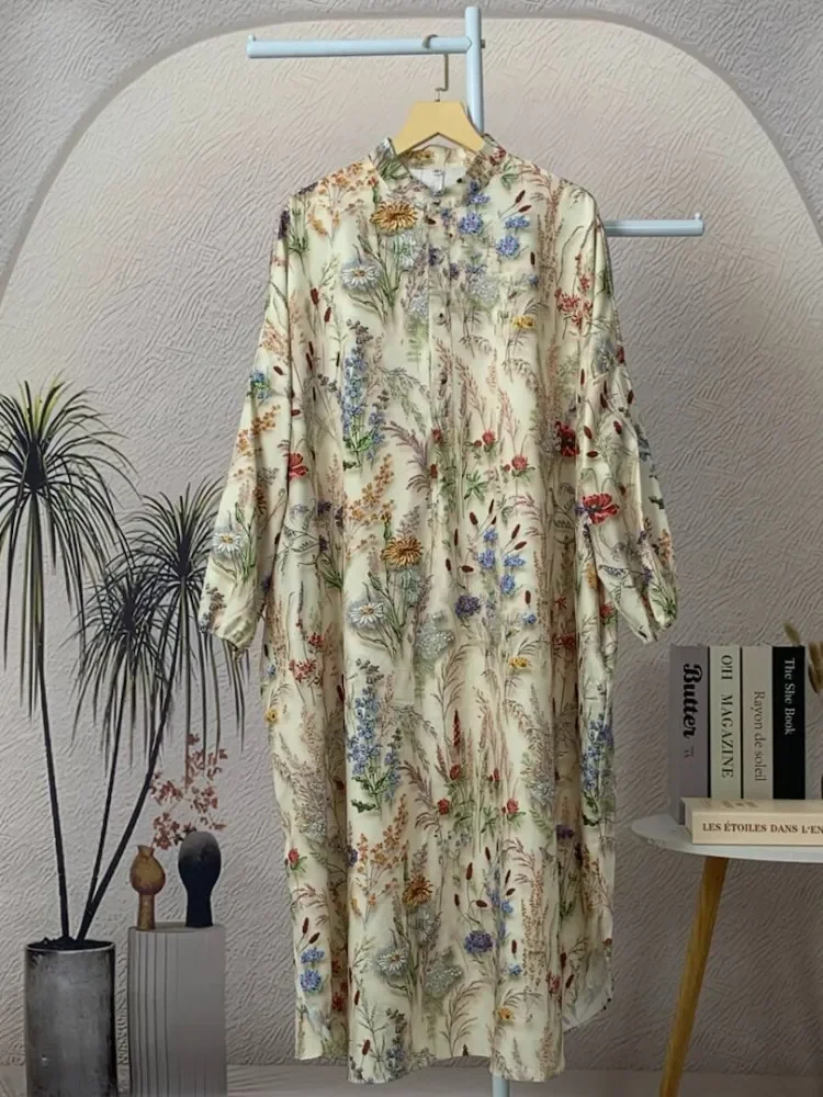 ASAYA Gaun panjang longgar kasual tipis bermotif dengan desain mode elegan