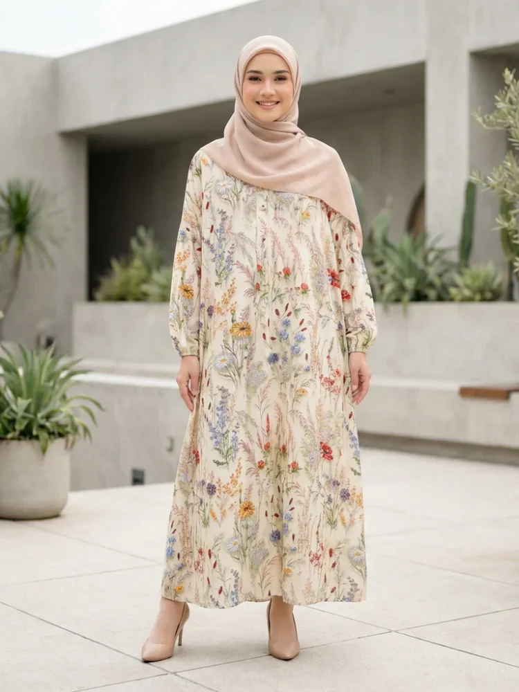 ASAYA Gaun panjang longgar kasual tipis bermotif dengan desain mode elegan